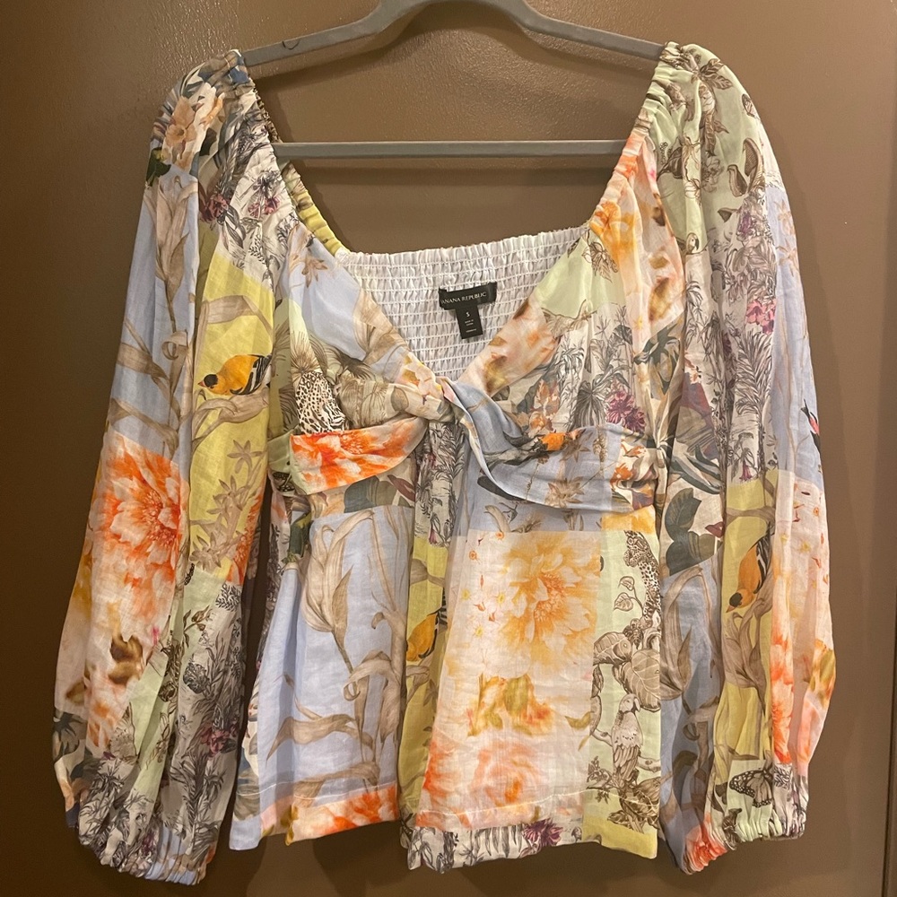 Ramie Twist-Front Shirt in Patchwork Blue